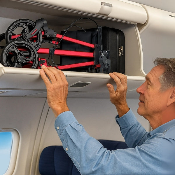 Man placing the folded rollator in an aircraft overhead bin