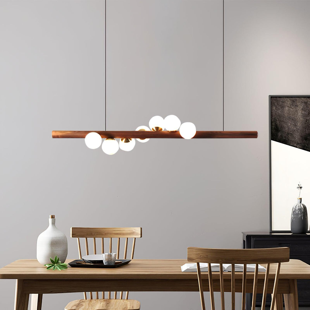 Contemporary Scandinavian Wooden Pendant Light — Linear Staggered Globes