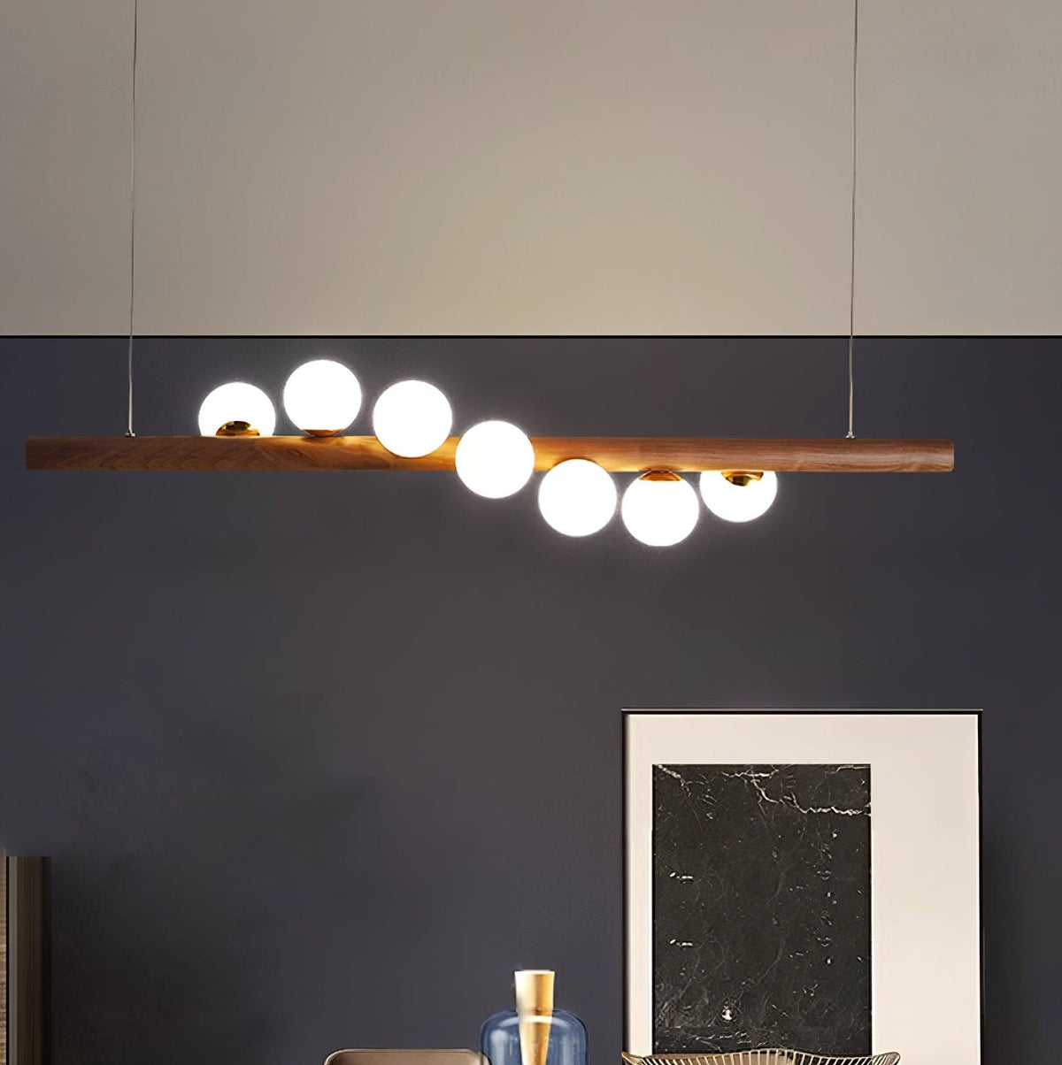 Contemporary Scandinavian Wooden Pendant Light — Linear Staggered Globes