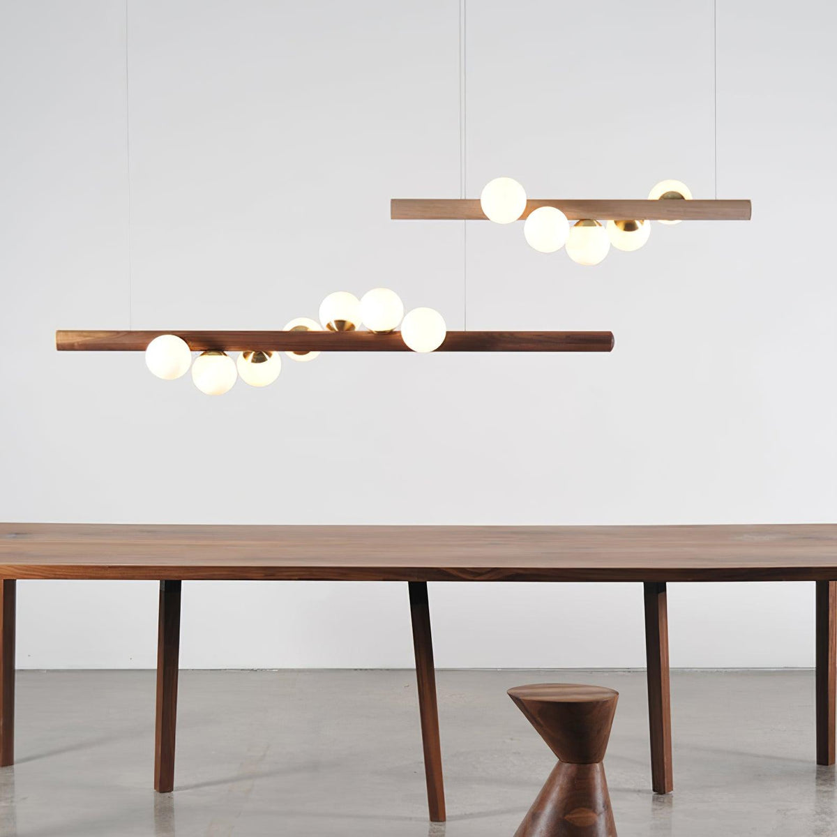 Contemporary Scandinavian Wooden Pendant Light — Linear Staggered Globes