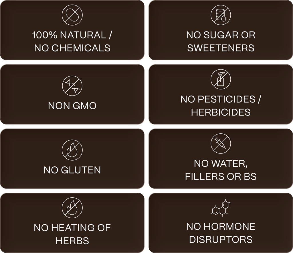 Icons: non-GMO, no gluten, no sugar or sweeteners, no fillers