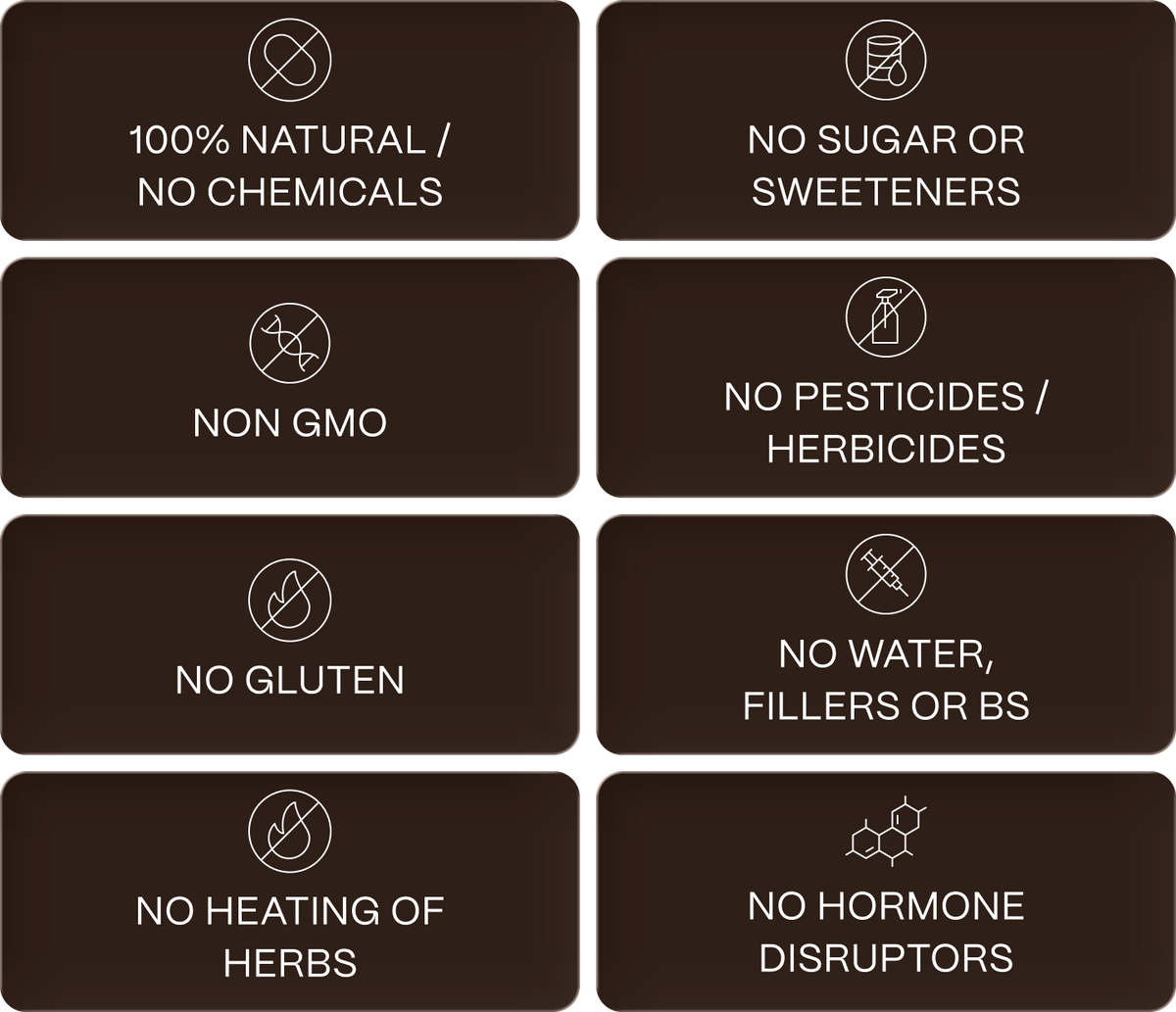 Icons: non-GMO, no gluten, no sugar or sweeteners, no fillers