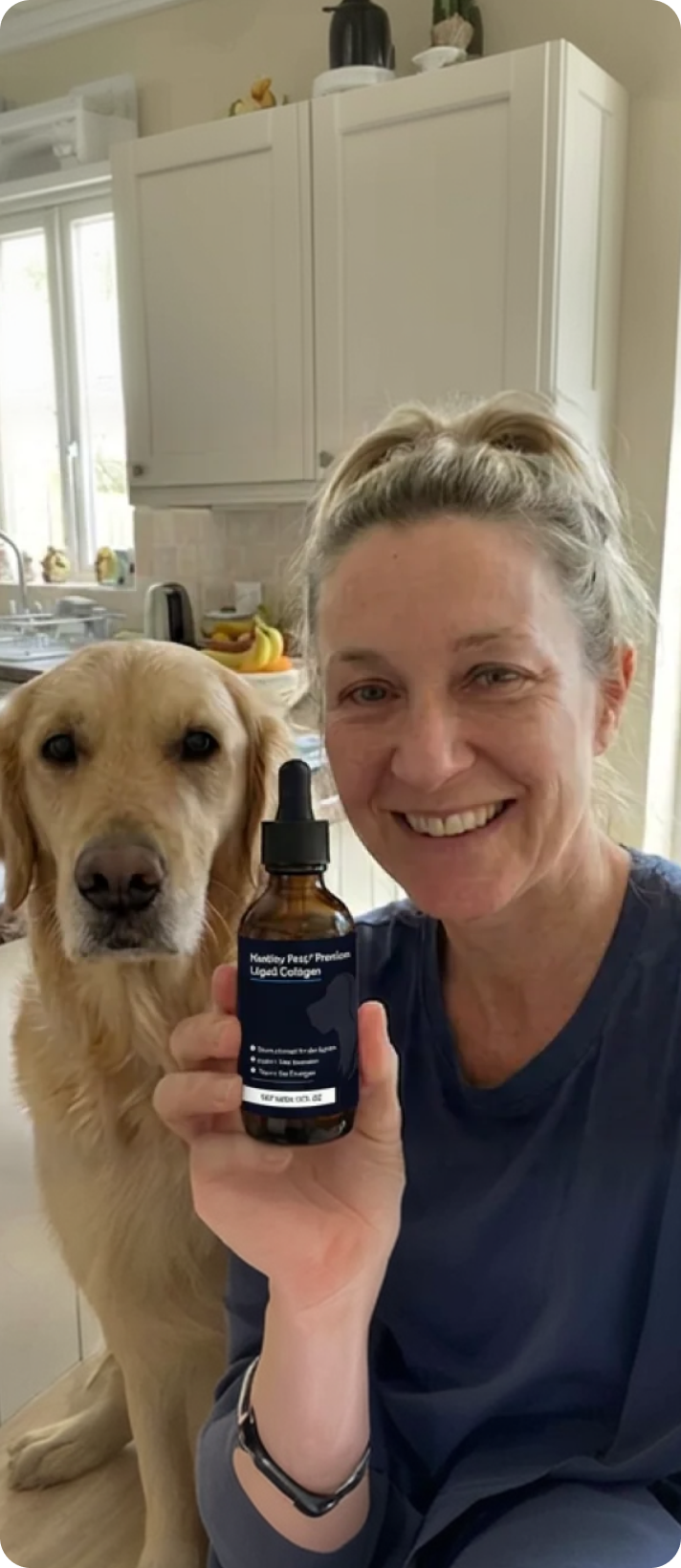 Woman with her golden retriever holding the collagen bottle