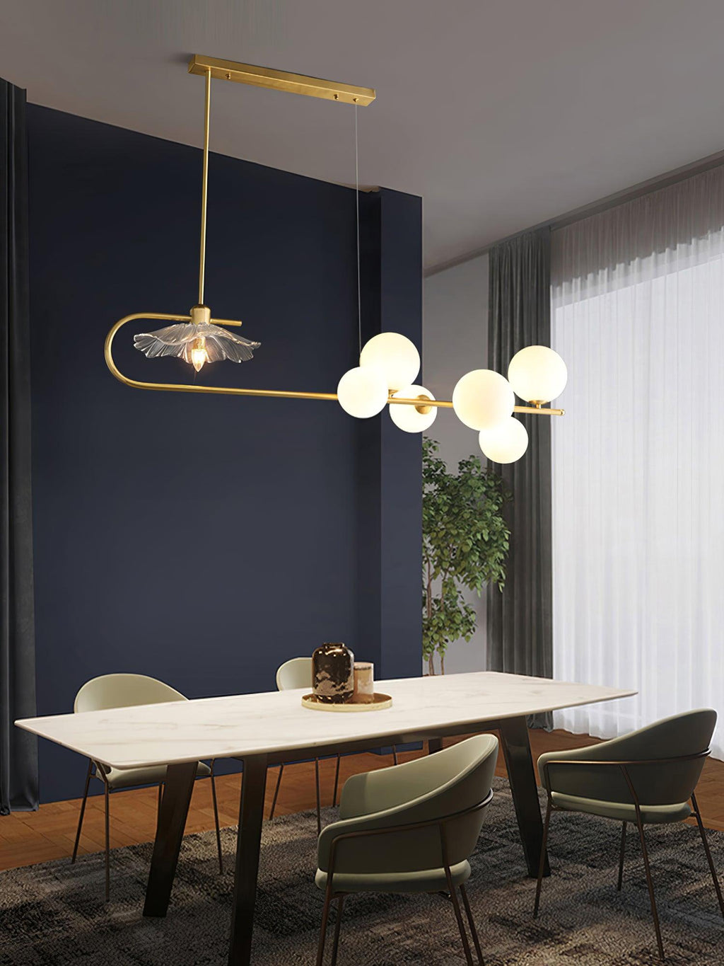 Lustra-pendellampe – gyllen messing, detaljer i glass med 5 lyskilder