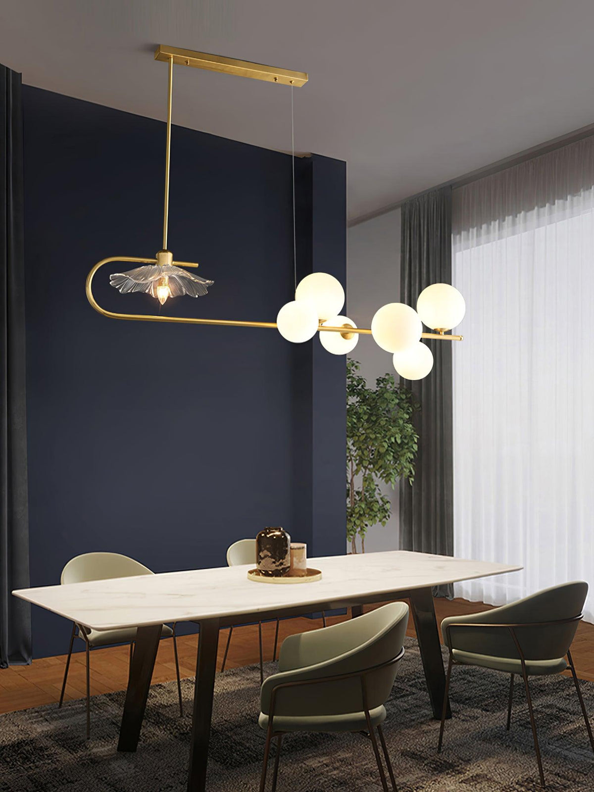 Lustra-pendellampe – gyllen messing, detaljer i glass med 5 lyskilder