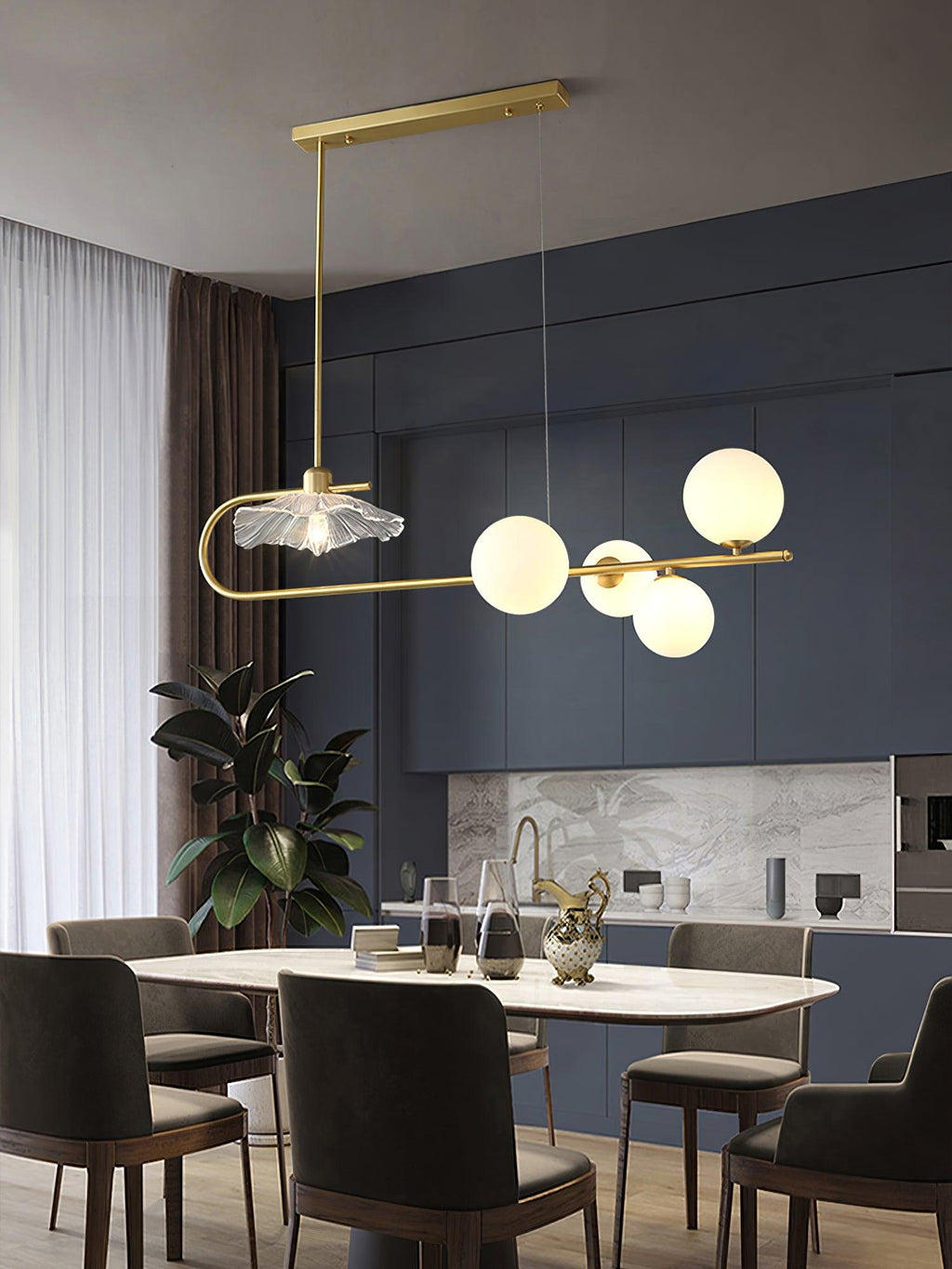 Lustra-pendellampe – gyllen messing, detaljer i glass med 5 lyskilder