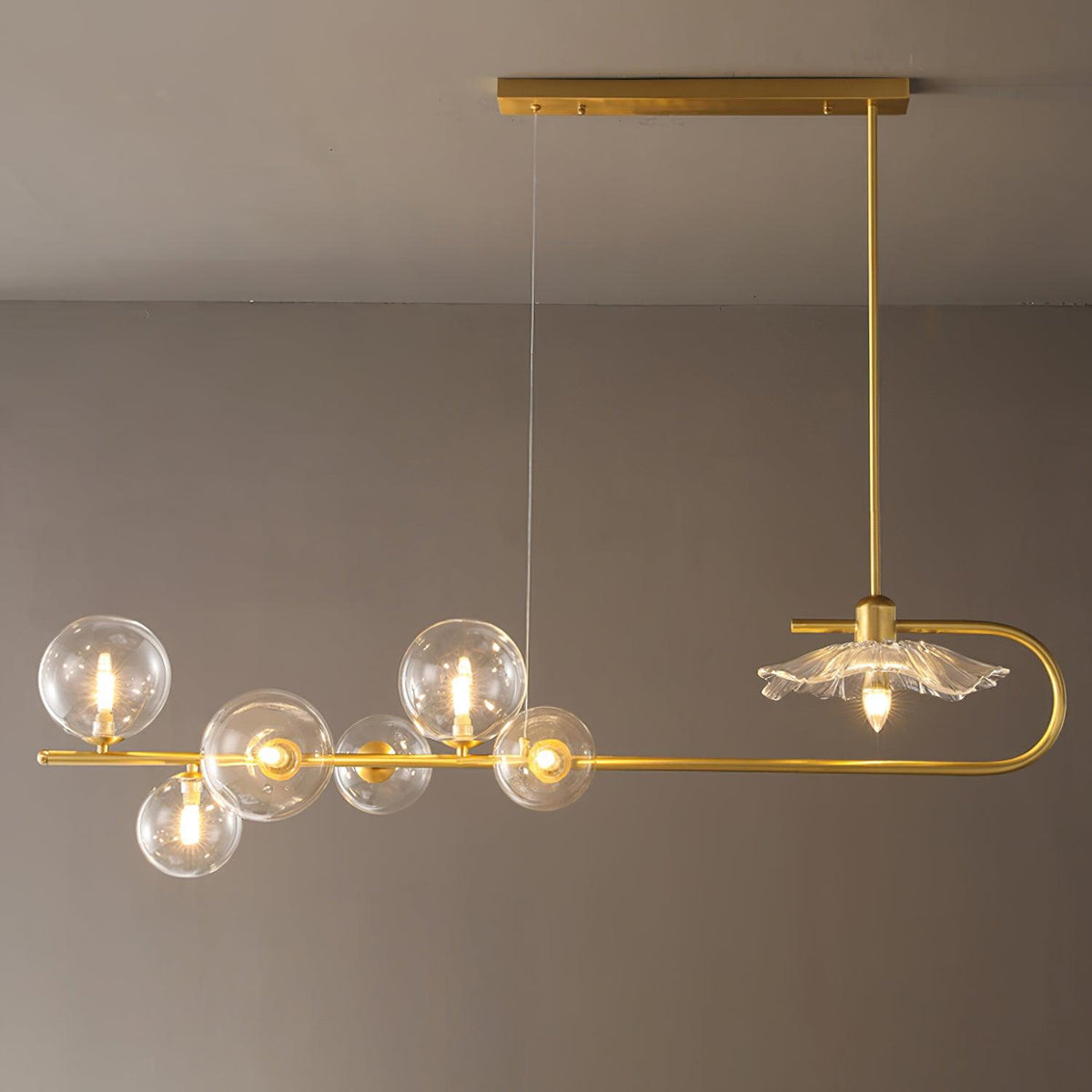 Lustra-pendellampe – gyllen messing, detaljer i glass med 5 lyskilder