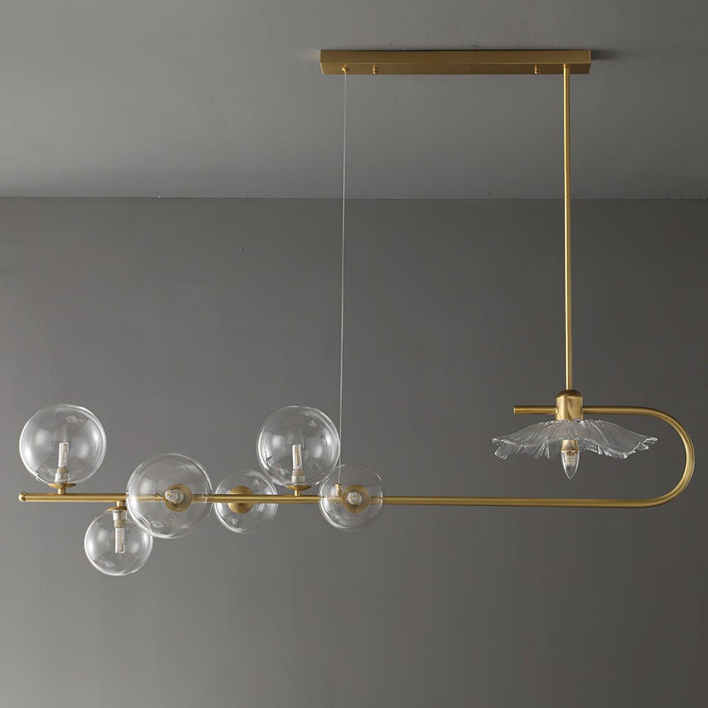 Lustra-pendellampe – gyllen messing, detaljer i glass med 5 lyskilder