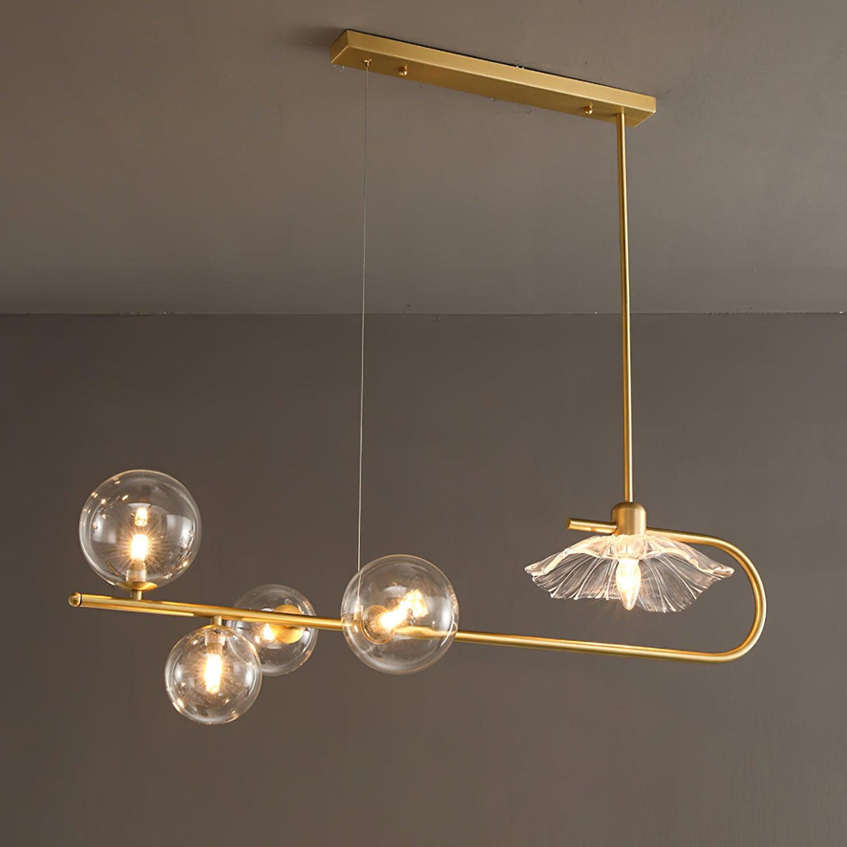 Lustra-pendellampe – gyllen messing, detaljer i glass med 5 lyskilder