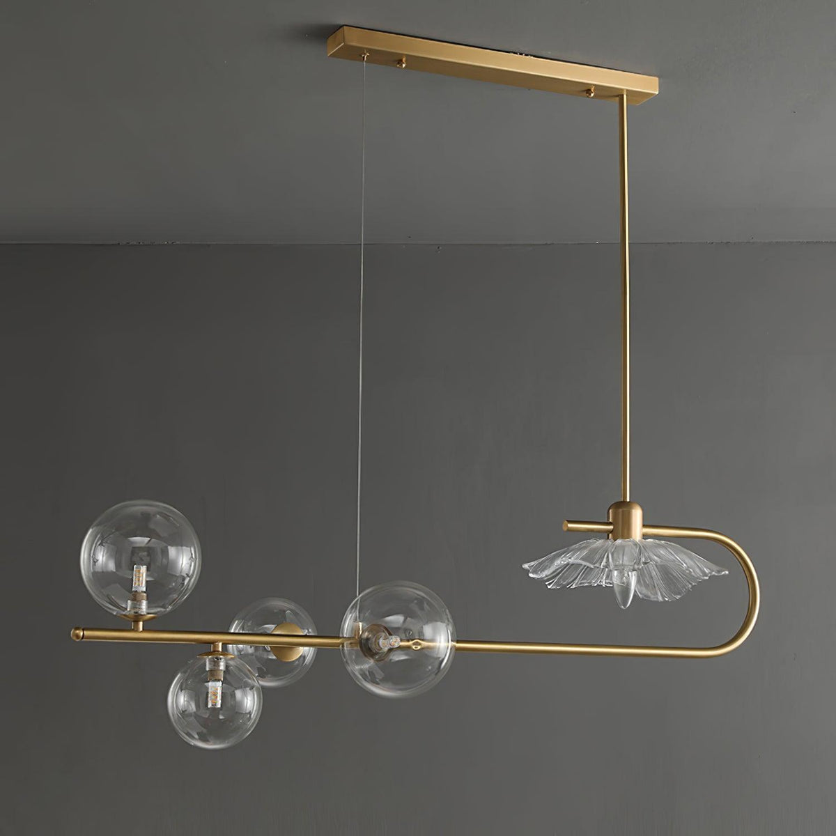 Lustra-pendellampe – gyllen messing, detaljer i glass med 5 lyskilder