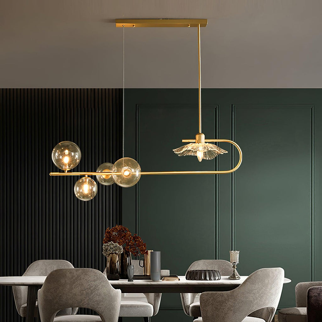 Lustra-pendellampe – gyllen messing, detaljer i glass med 5 lyskilder