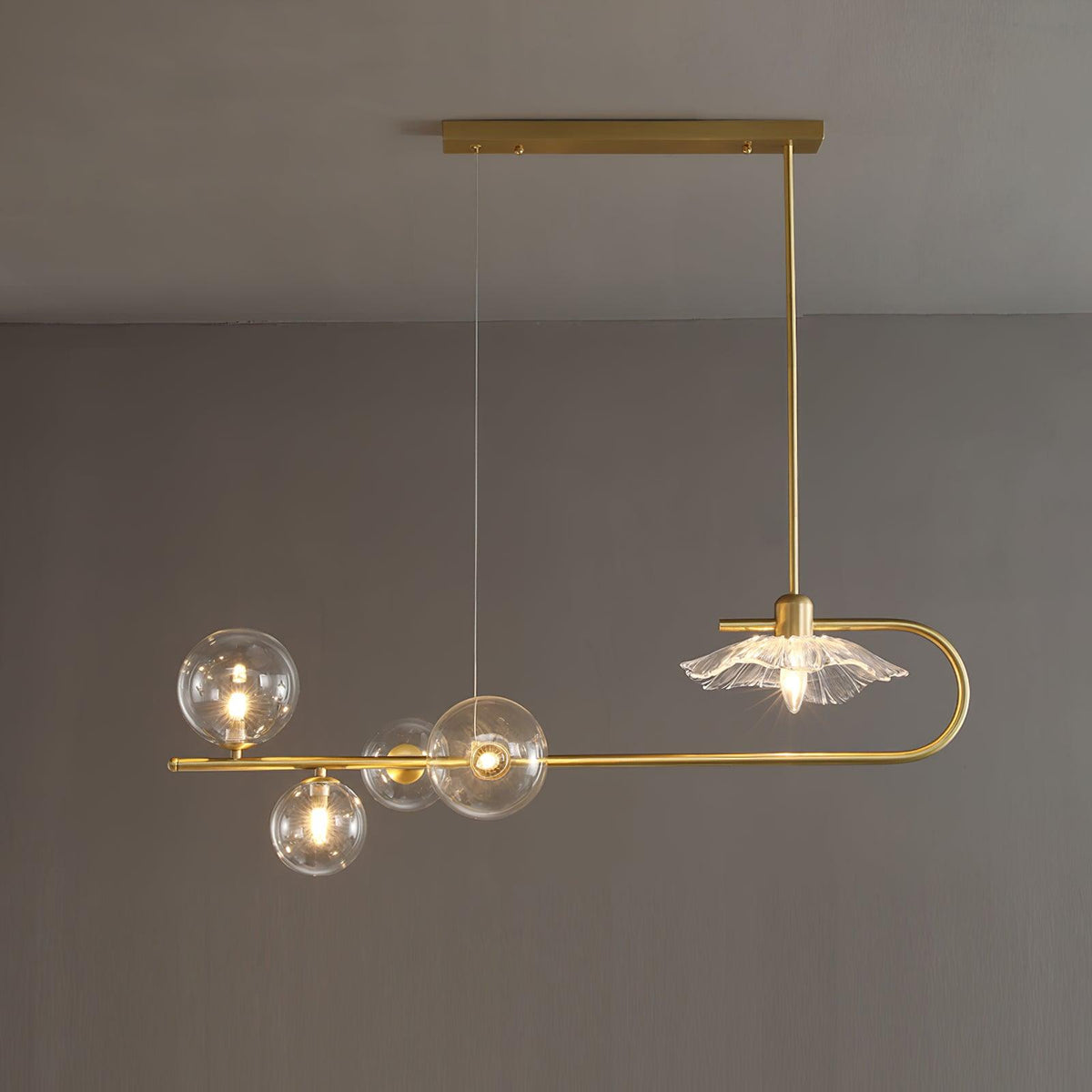 Lustra-pendellampe – gyllen messing, detaljer i glass med 5 lyskilder