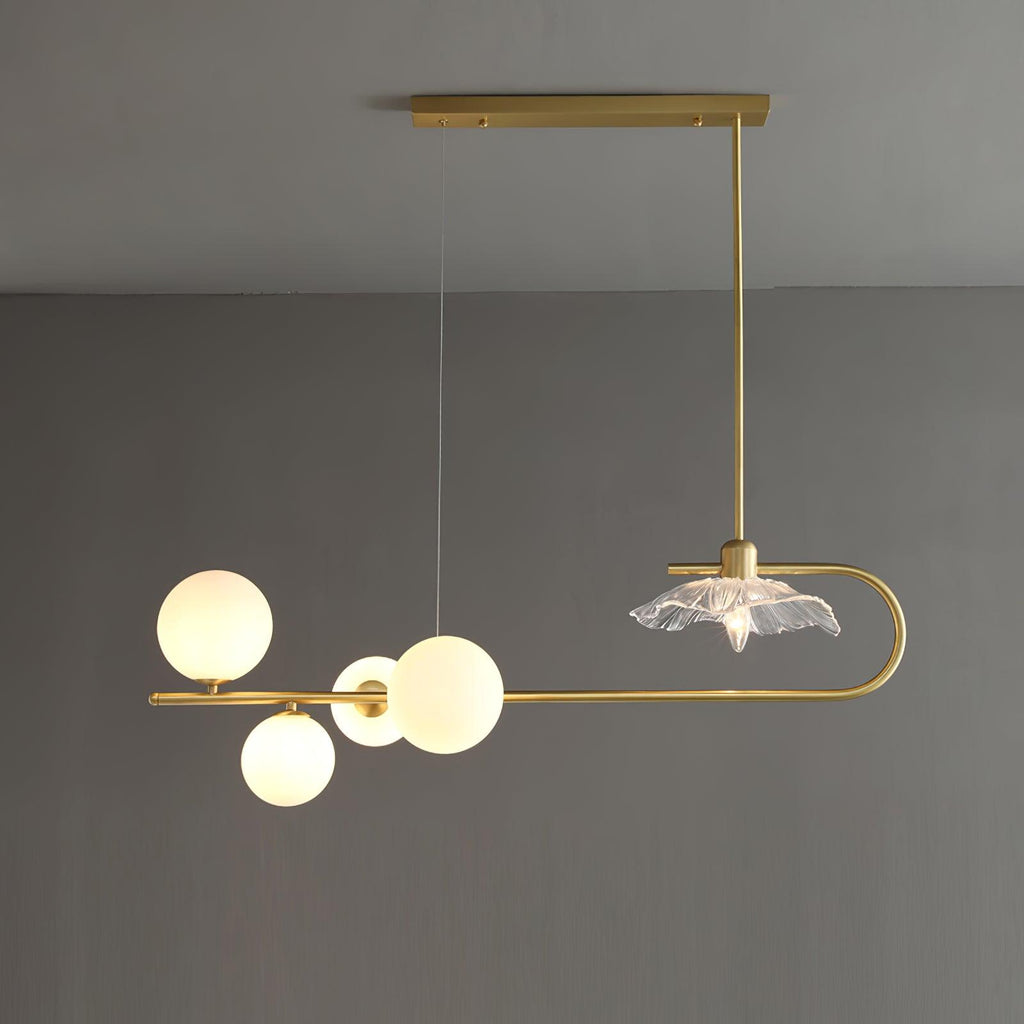 Lustra-pendellampe – gyllen messing, detaljer i glass med 5 lyskilder