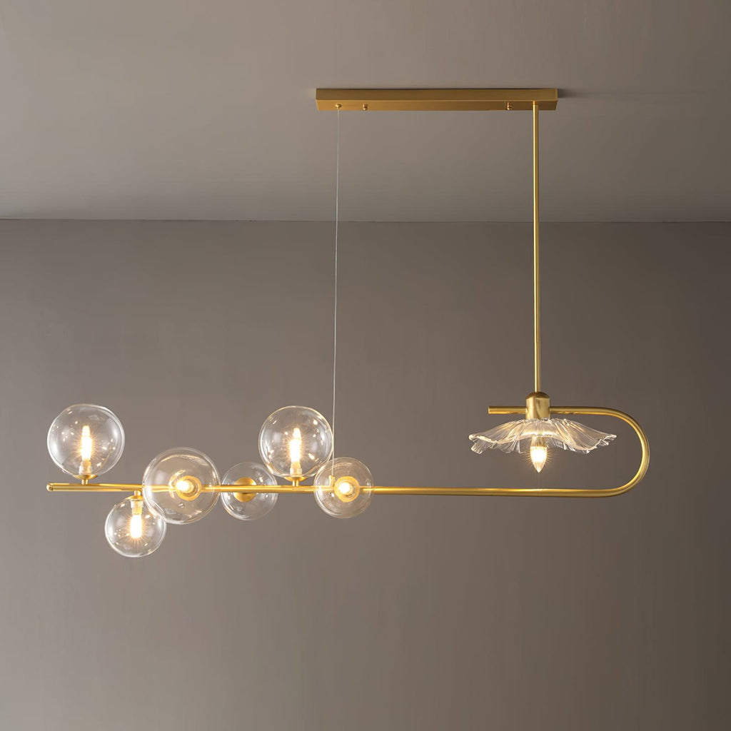 Lustra-pendellampe – gyllen messing, detaljer i glass med 5 lyskilder