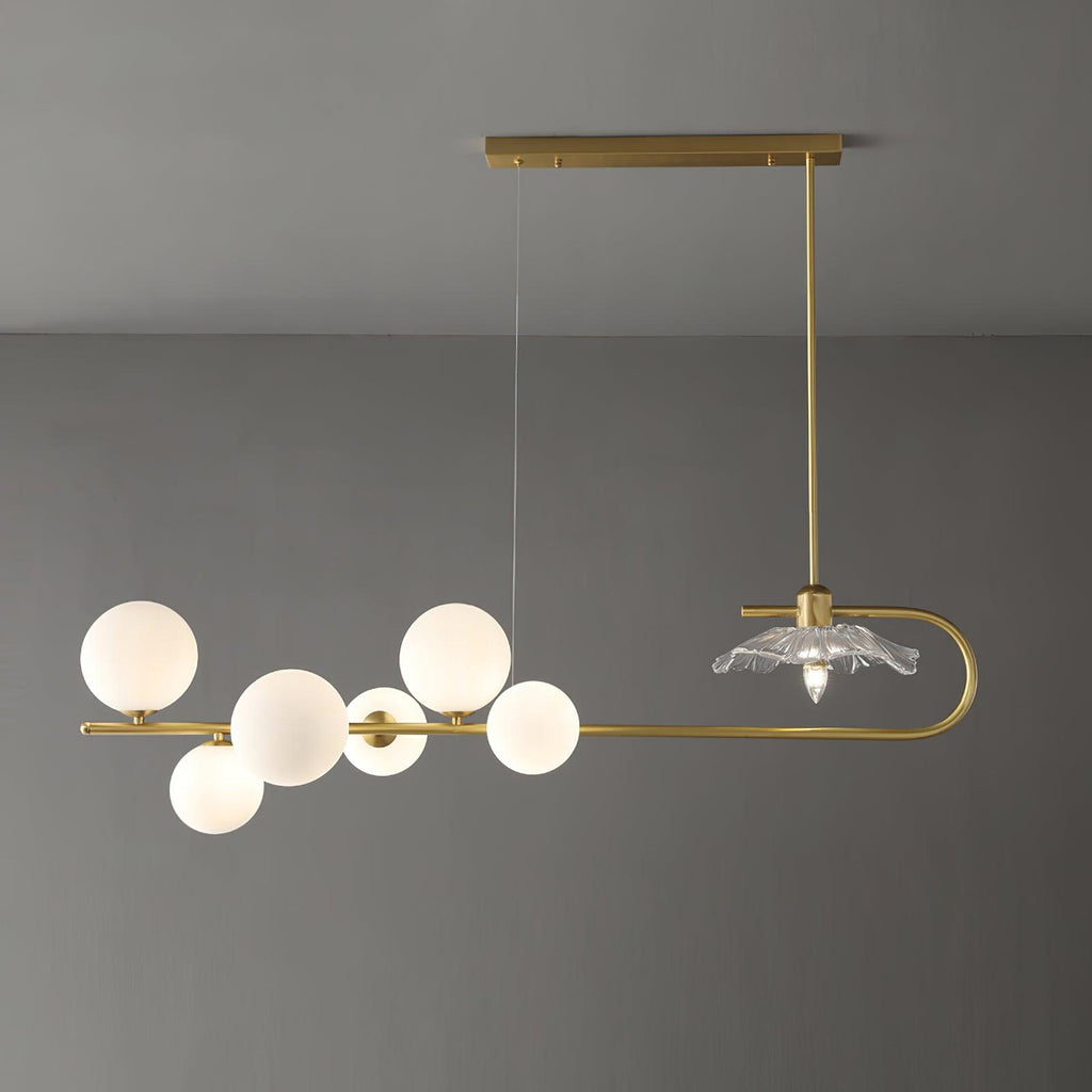 Lustra-pendellampe – gyllen messing, detaljer i glass med 5 lyskilder