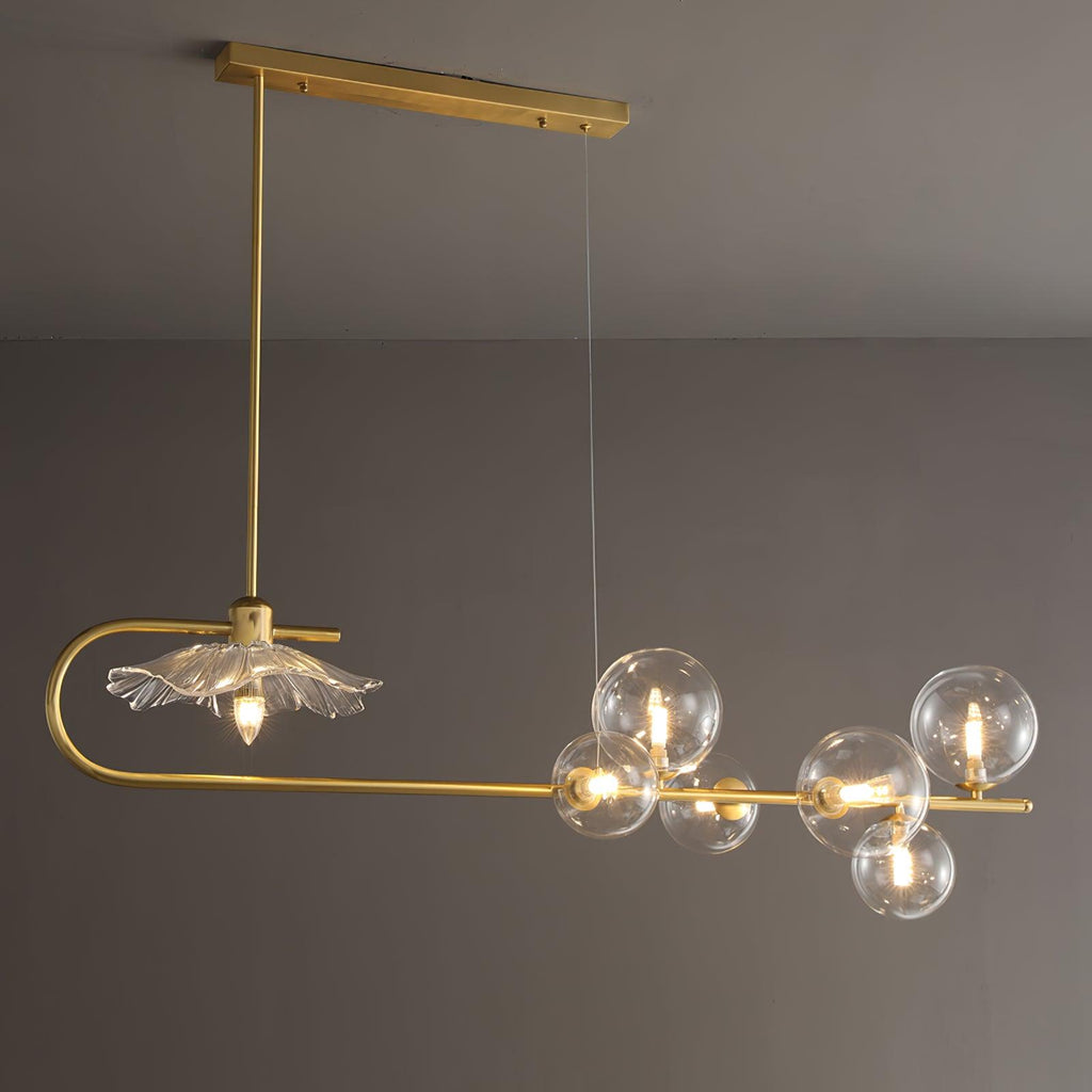 Lustra-pendellampe – gyllen messing, detaljer i glass med 5 lyskilder