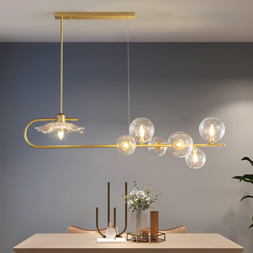 Lustra-pendellampe – gyllen messing, detaljer i glass med 5 lyskilder