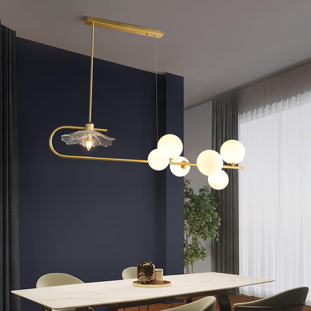 Lustra-pendellampe – gyllen messing, detaljer i glass med 5 lyskilder
