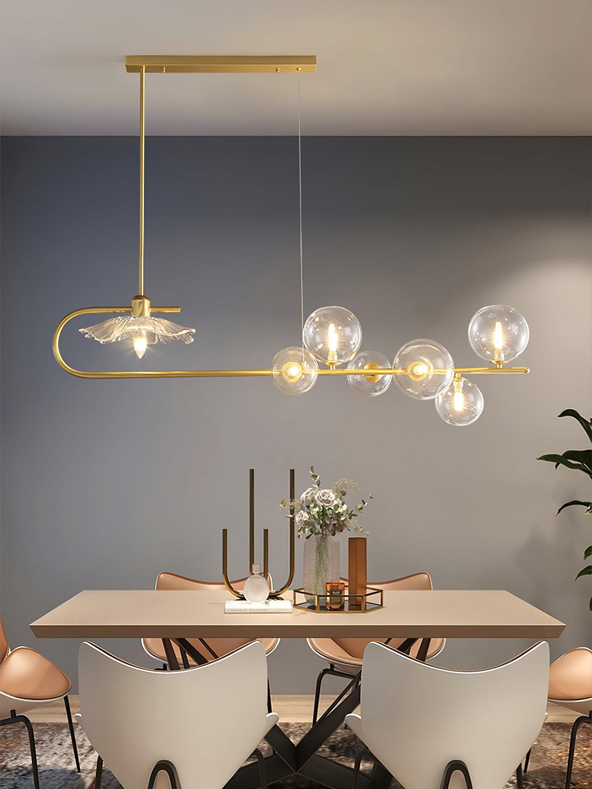 Lustra-pendellampe – gyllen messing, detaljer i glass med 5 lyskilder