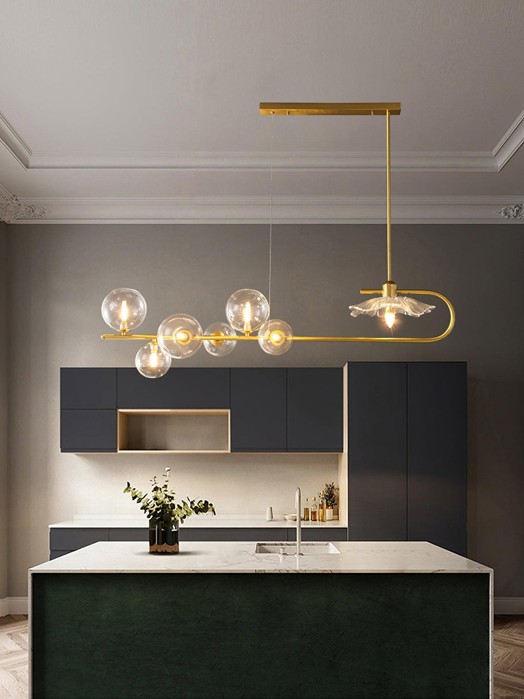 Lustra-pendellampe – gyllen messing, detaljer i glass med 5 lyskilder