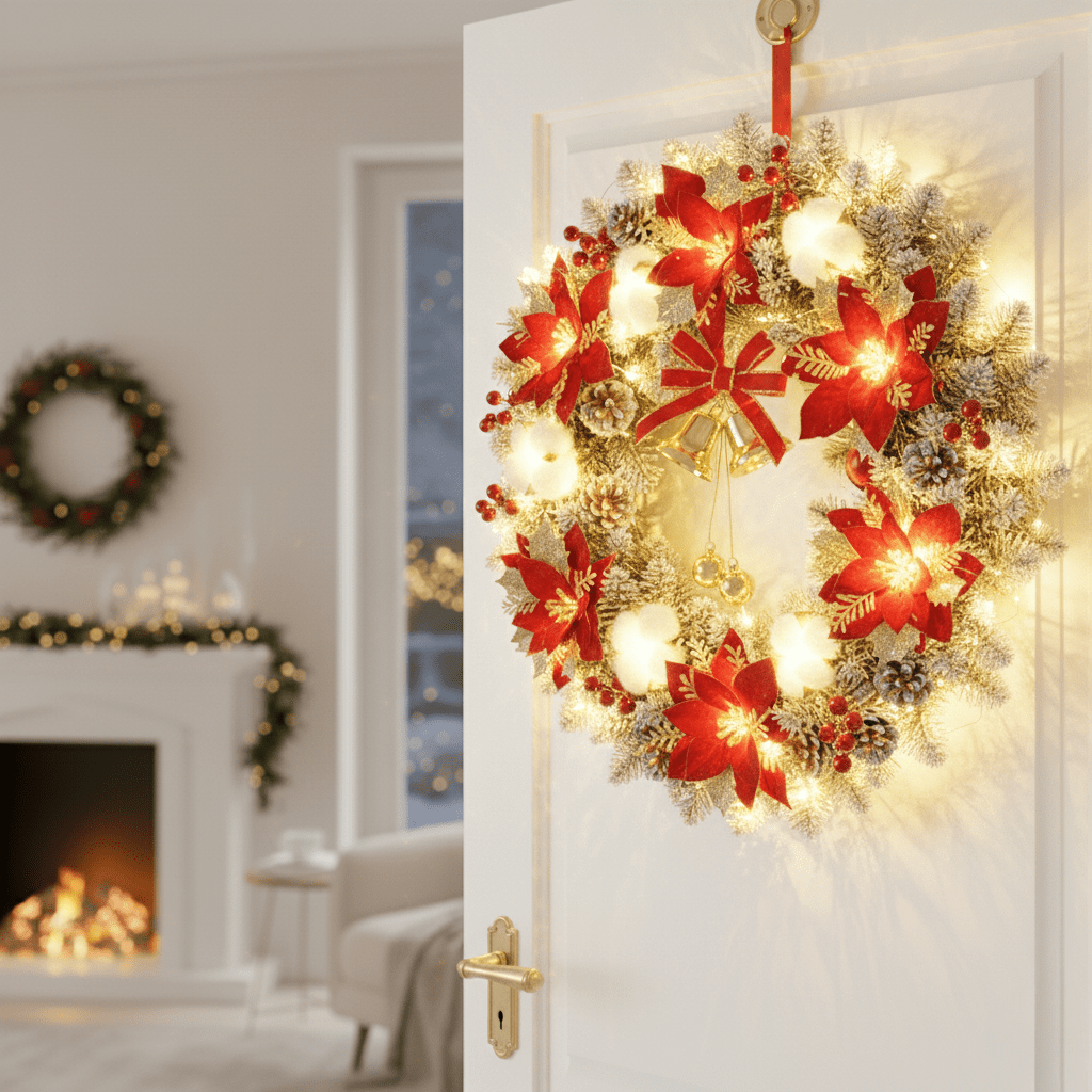 LumaGlow LED-julekrans med klokker og gyldent skær til dørpyntsentusiaster