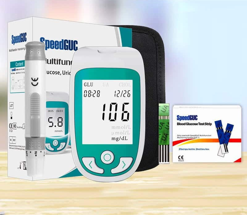 جهاز مراقبة الصحة متعدد الوظائف 3 في 1 (الكوليسترول، الجلوكوز وحمض اليوريك)