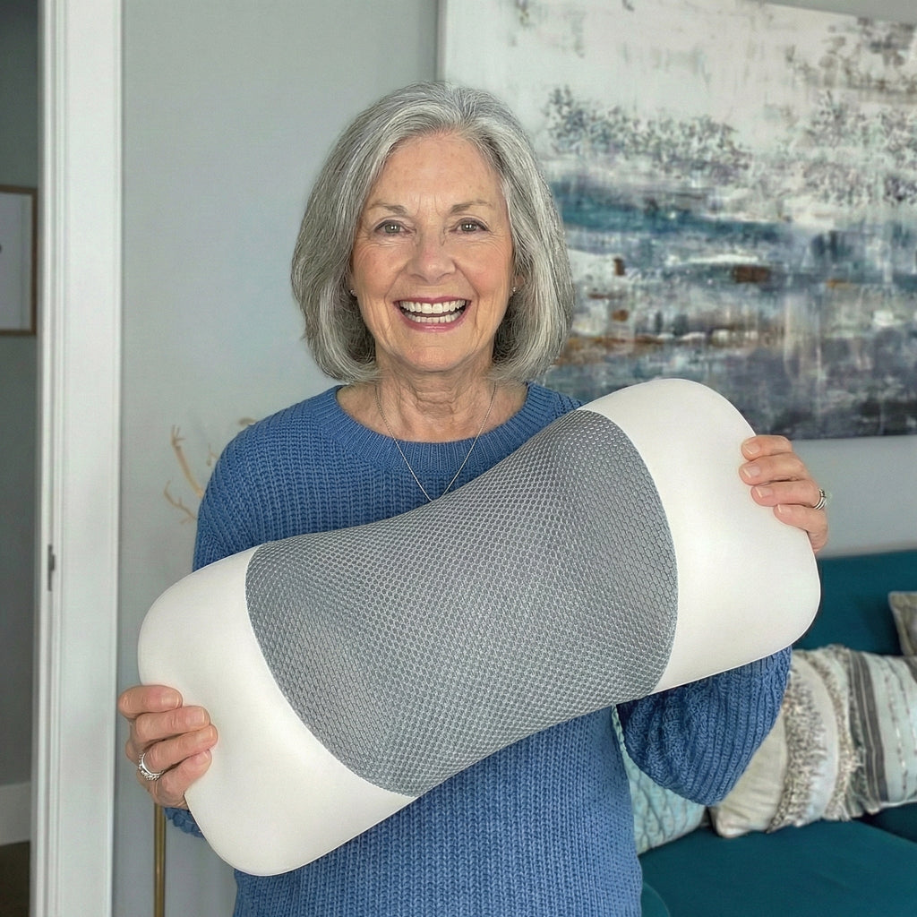 Smiling senior woman holding the contoured lumbar pillow at home