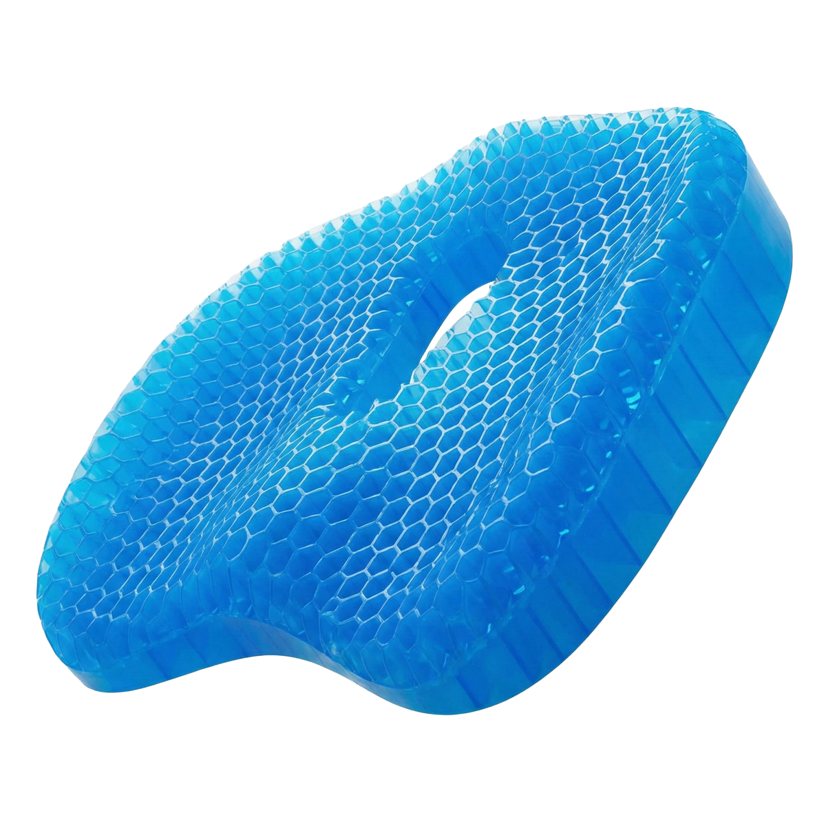 Blue honeycomb gel seat cushion with tailbone cut-out