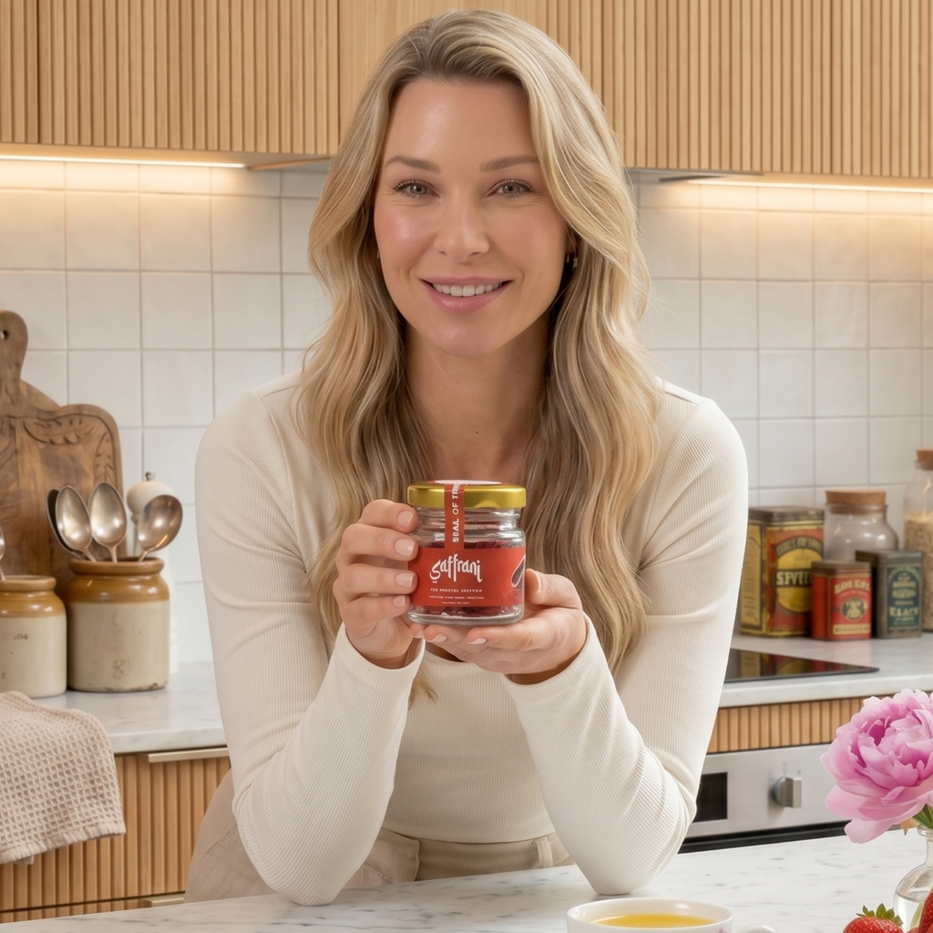 Smiling woman in a bright kitchen holding a jar of saffron threads