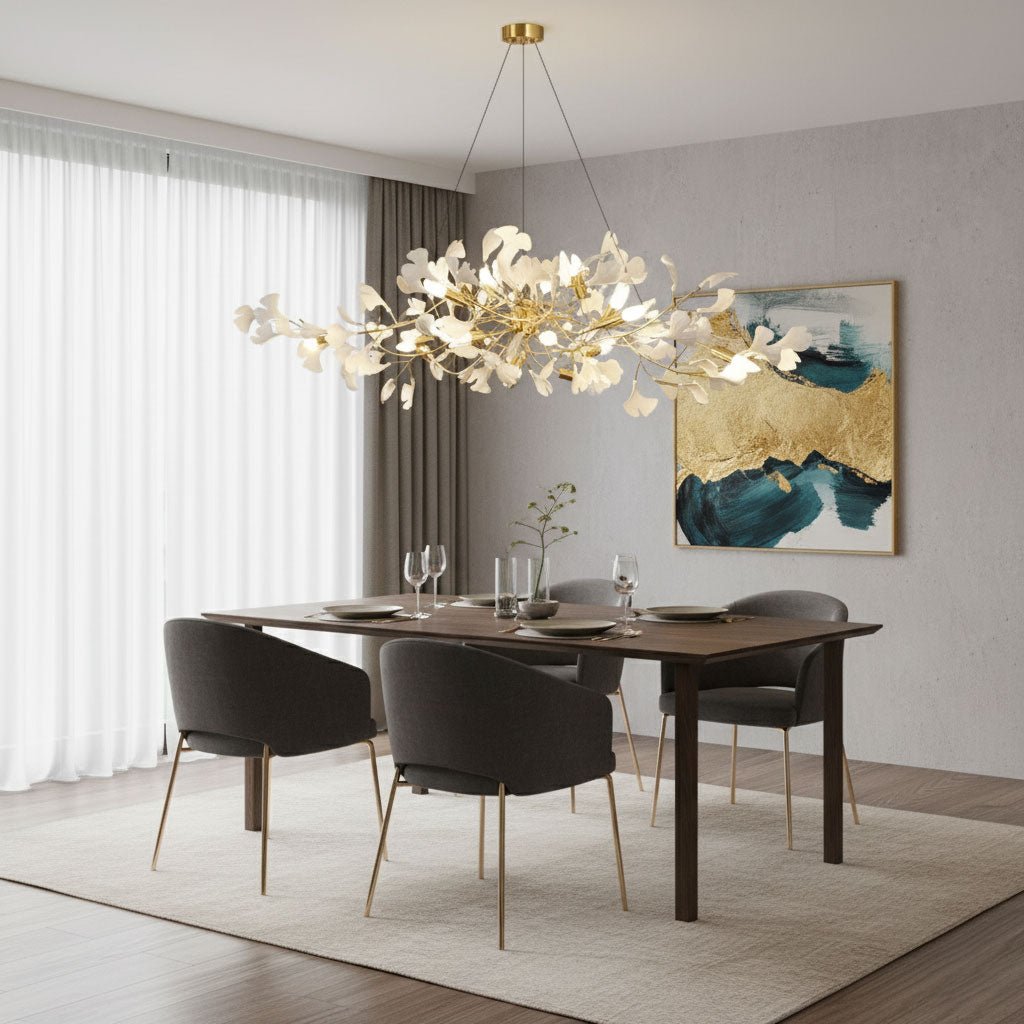 Ginkgo Dalı Avize — El Yapımı Porselen Yapraklar, Pirinç Dallar, Geniş Yatay Tasarım