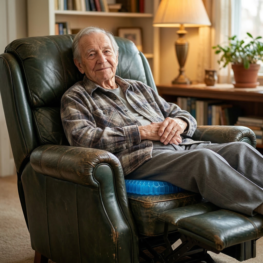 Older man relaxing in a recliner on the blue gel cushion