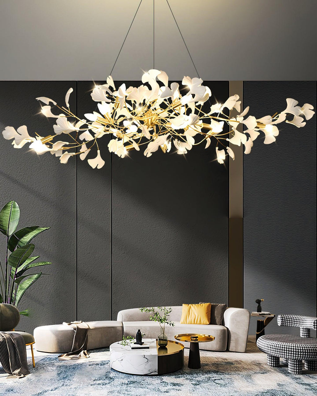 Ginkgo Dalı Avize — El Yapımı Porselen Yapraklar, Pirinç Dallar, Geniş Yatay Tasarım