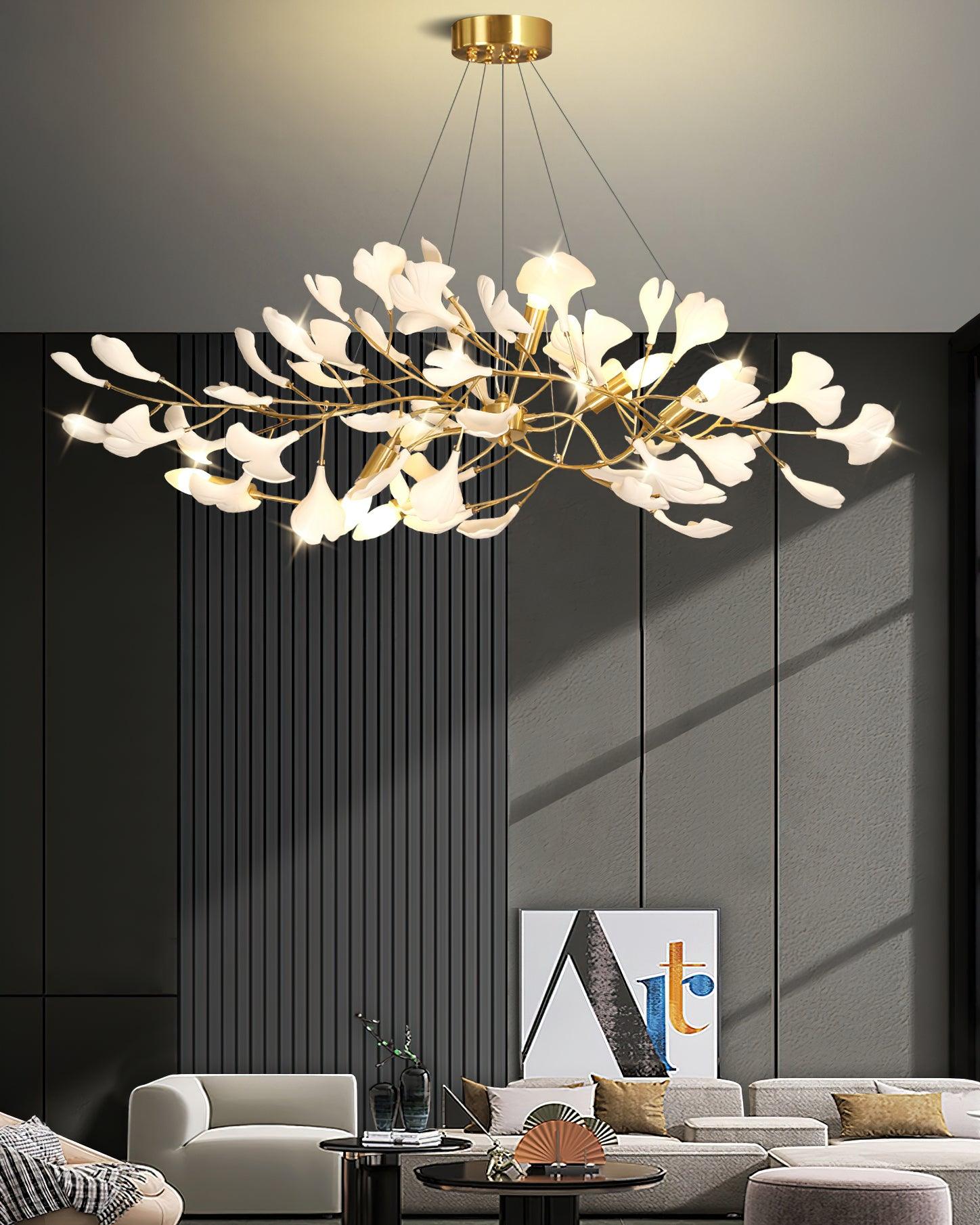 Ginkgo Dalı Avize — El Yapımı Porselen Yapraklar, Pirinç Dallar, Geniş Yatay Tasarım