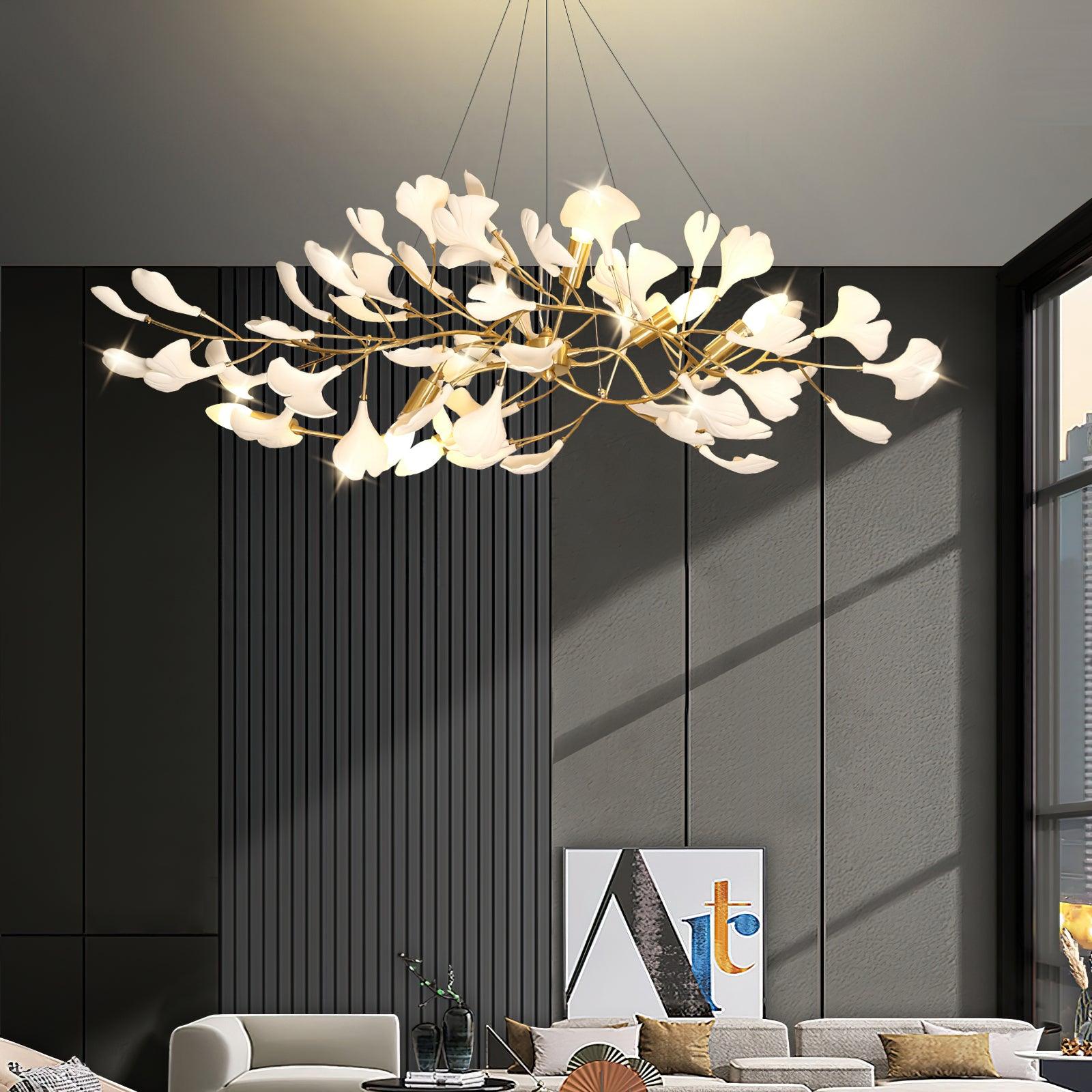 Ginkgo Dalı Avize — El Yapımı Porselen Yapraklar, Pirinç Dallar, Geniş Yatay Tasarım