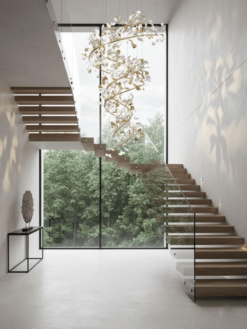 Cascading Gingko Spiral Leaf Chandelier