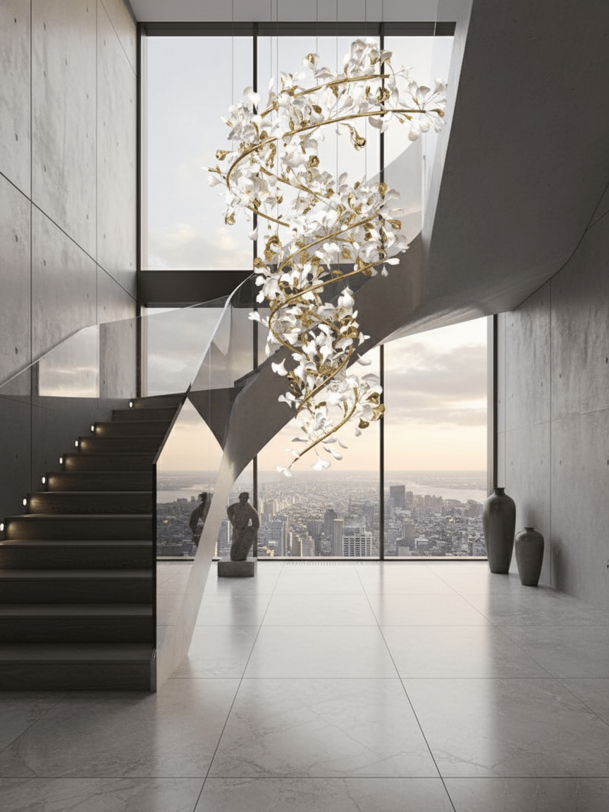 Cascading Gingko Spiral Leaf Chandelier