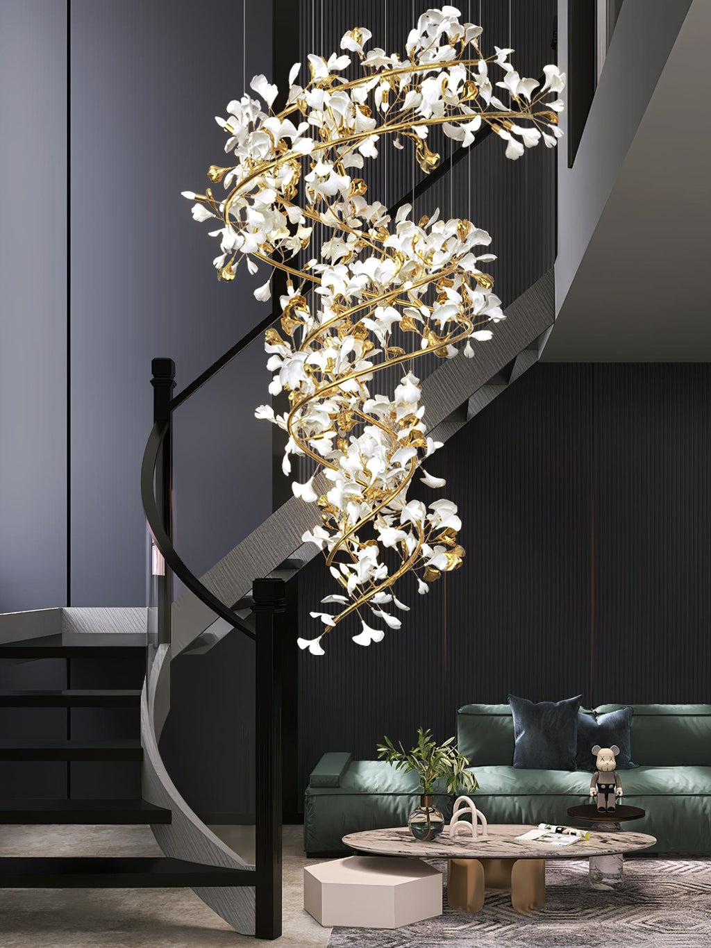 Cascading Gingko Spiral Leaf Chandelier