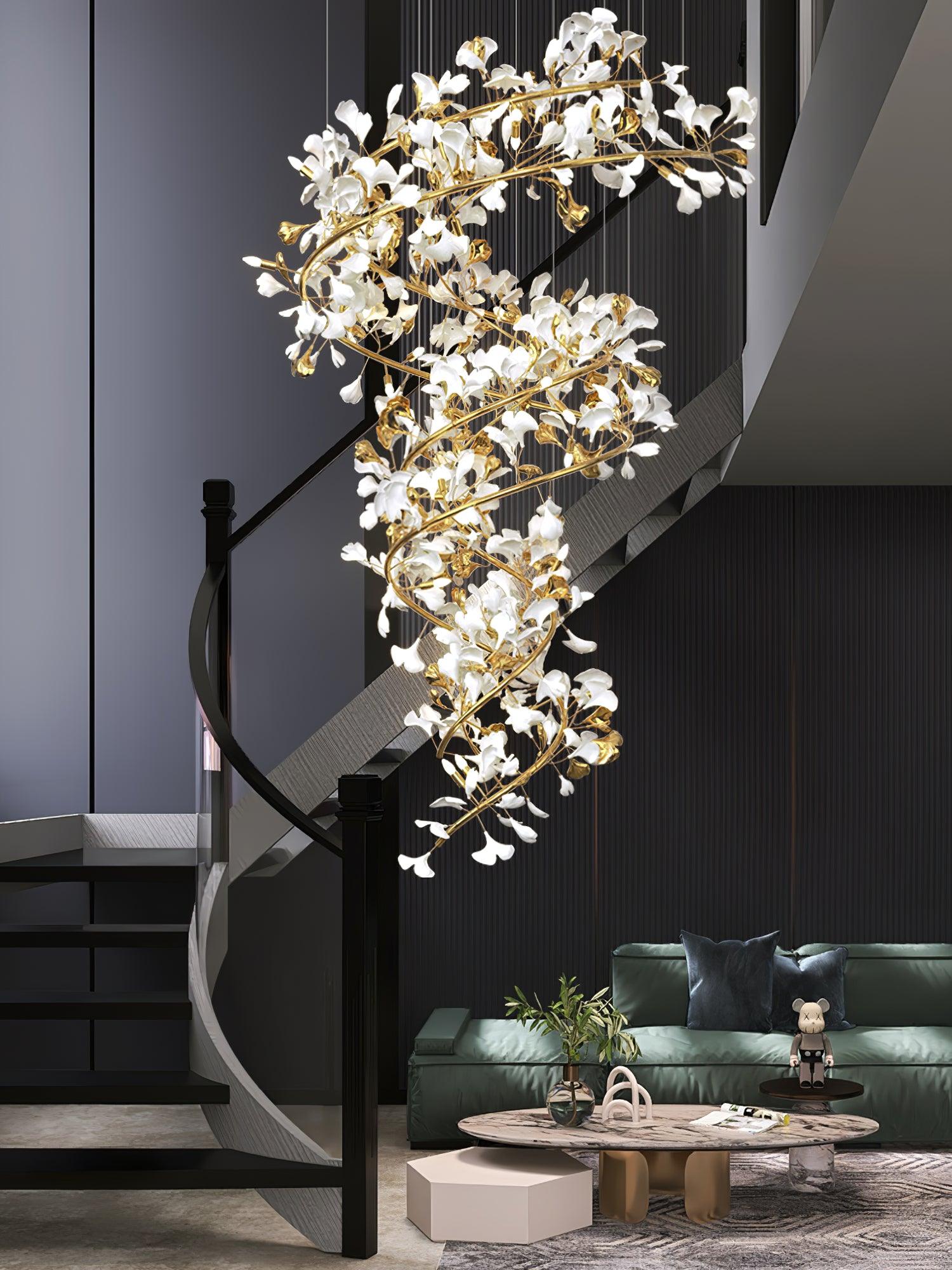 Cascading Gingko Spiral Leaf Chandelier