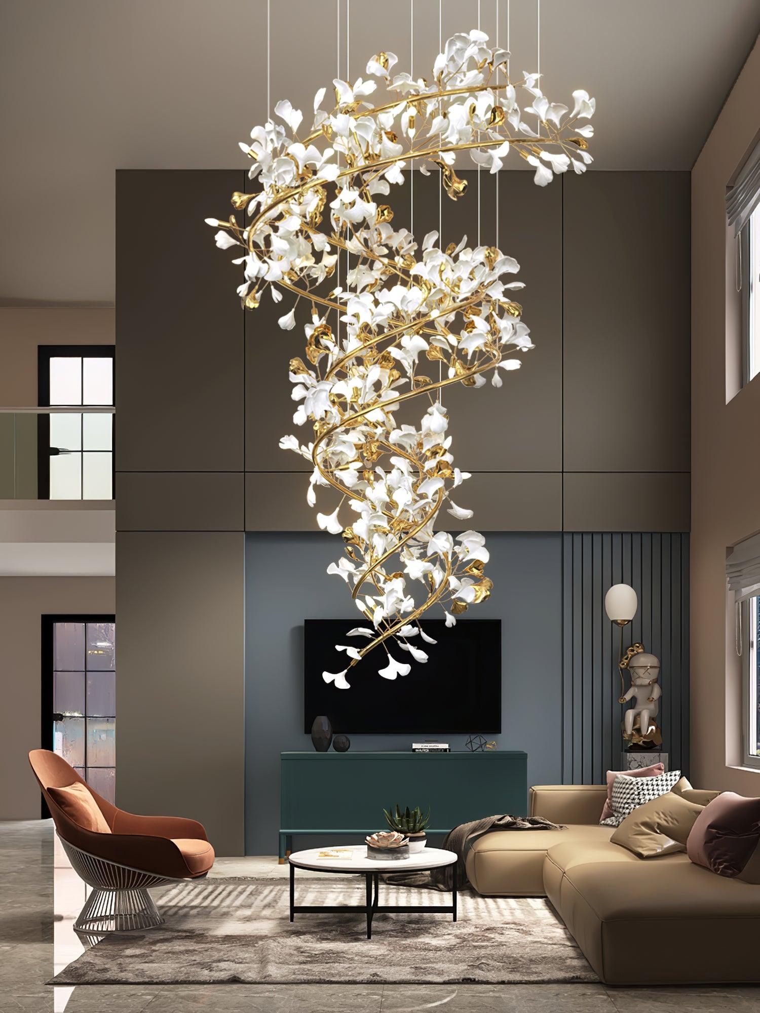 Cascading Gingko Spiral Leaf Chandelier