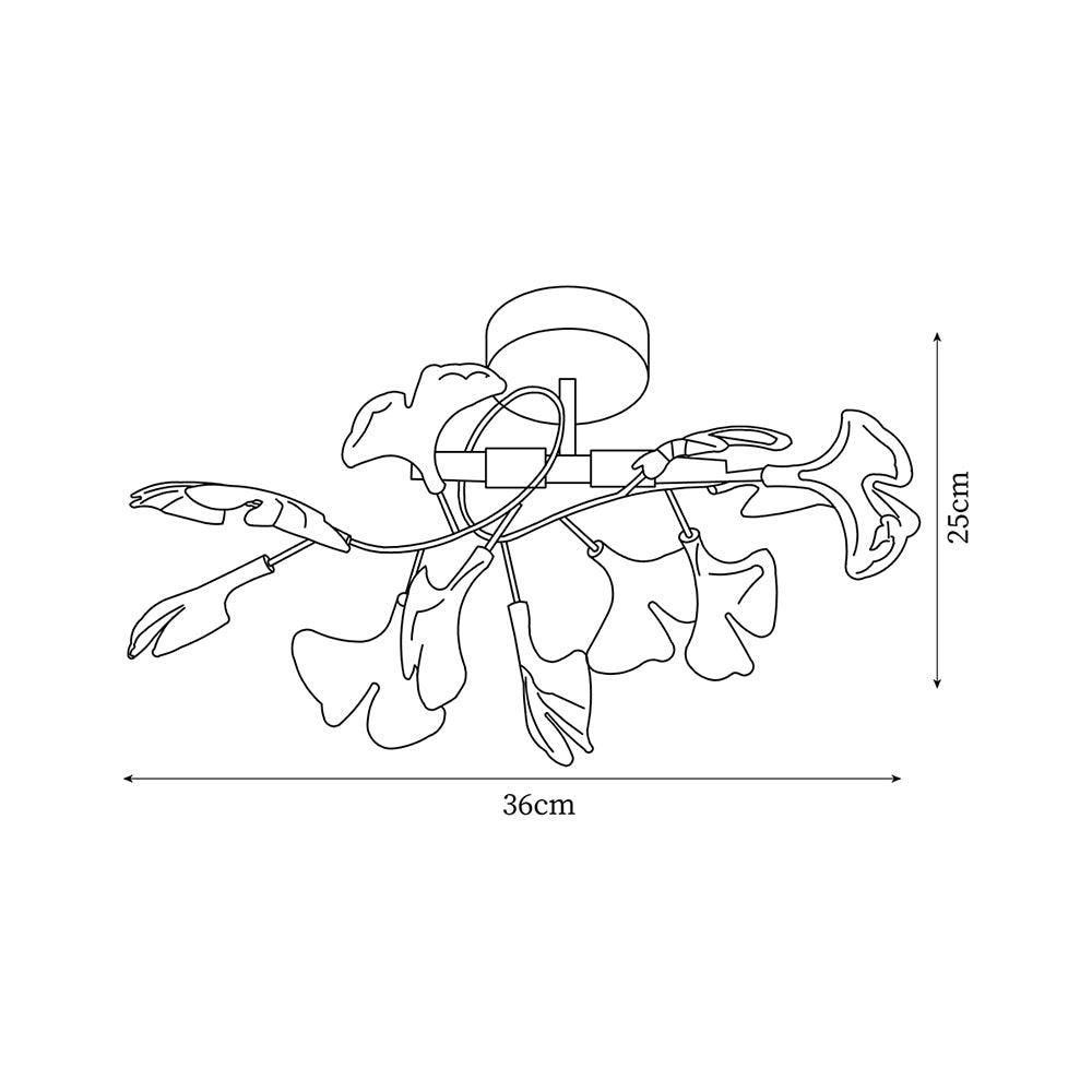 Plafonnier Ginkgo — feuilles en verre blanc dépoli, base en métal doré