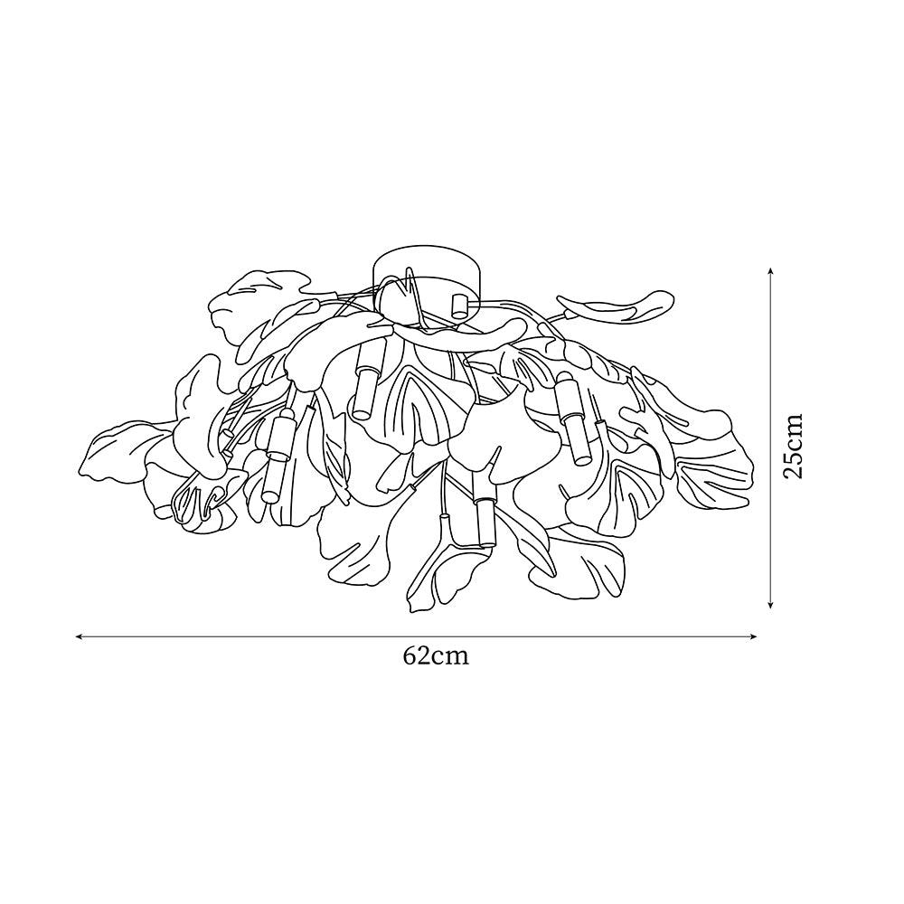 Plafonnier Ginkgo — feuilles en verre blanc dépoli, base en métal doré