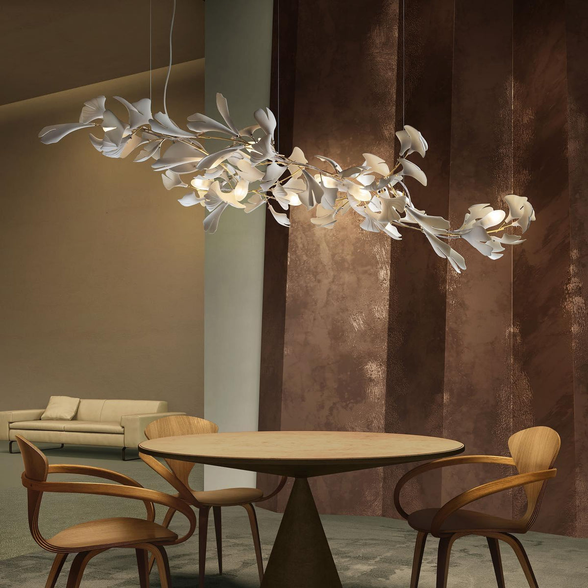 Lineární ručně odlévaný porcelánový lustr Ginkgo