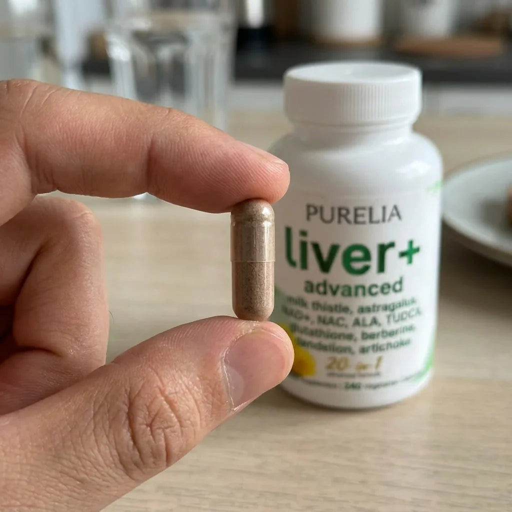 Vegetarian capsule held up in front of the supplement bottle