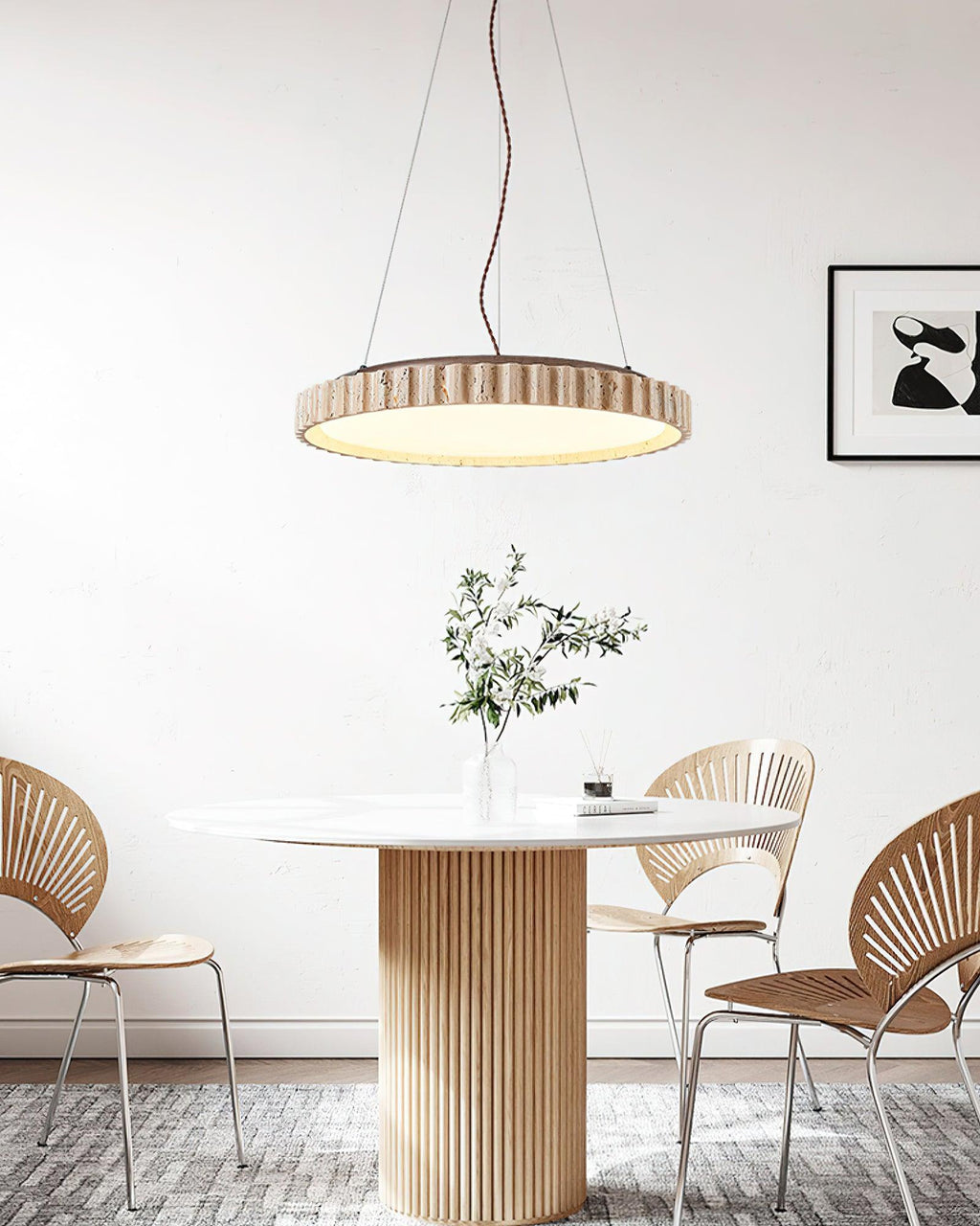 Lampada a sospensione in travertino Wabi-Sabi Grove Circle — LED integrato, dimensioni ridotte D12.6 x H2.8 pollici
