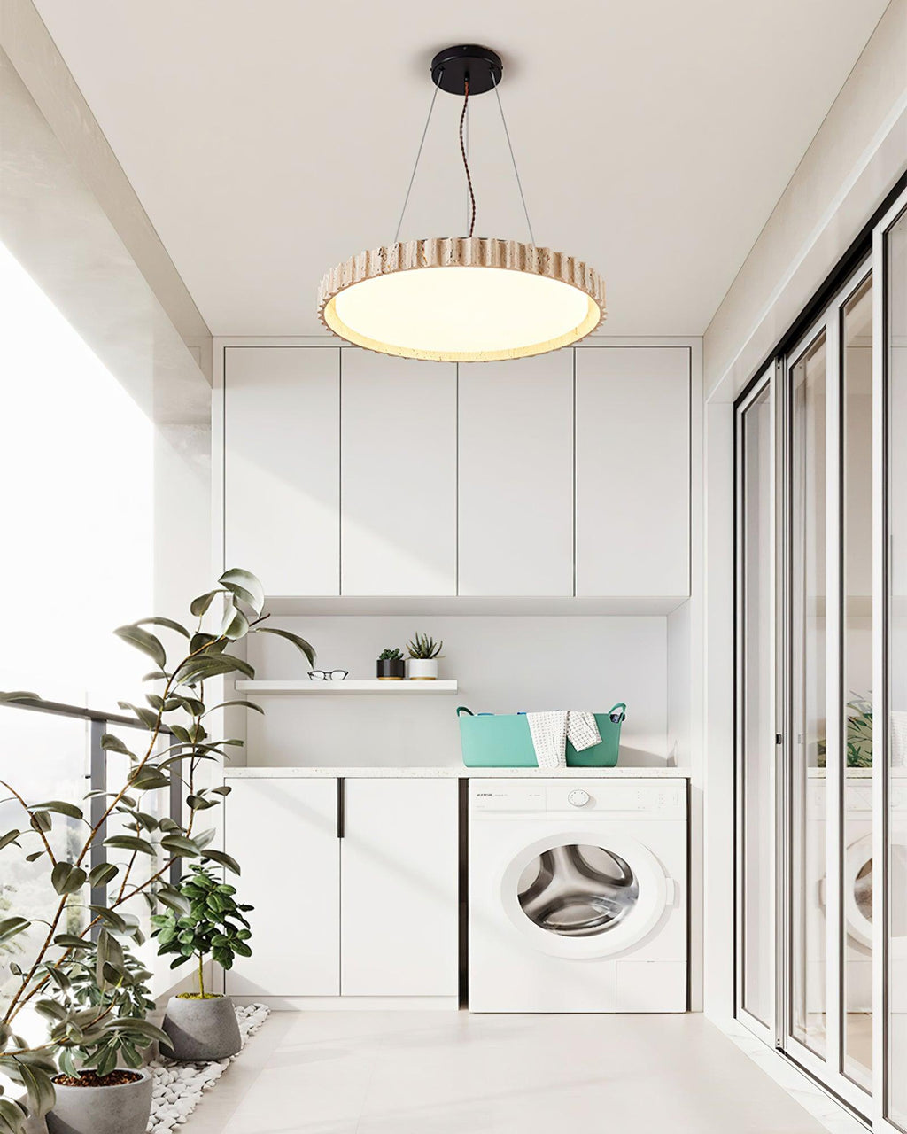 Lampada a sospensione in travertino Wabi-Sabi Grove Circle — LED integrato, dimensioni ridotte D12.6 x H2.8 pollici