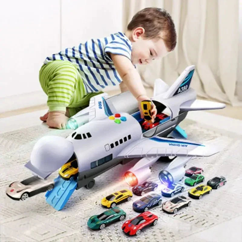 Brinquedo de avião inercial AeroPulse com música, luzes e mini-carros para crianças