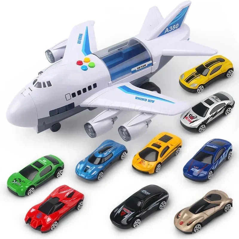 Brinquedo de avião inercial AeroPulse com música, luzes e mini-carros para crianças