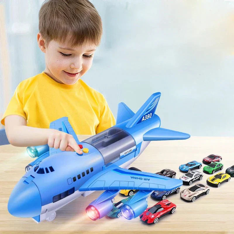 Brinquedo de avião inercial AeroPulse com música, luzes e mini-carros para crianças