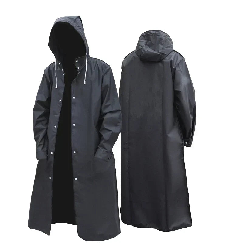 Wasserdichter langer schwarzer Herbstregenmantel – Kapuzenjacke, verstärkte Outdoor-Jacke