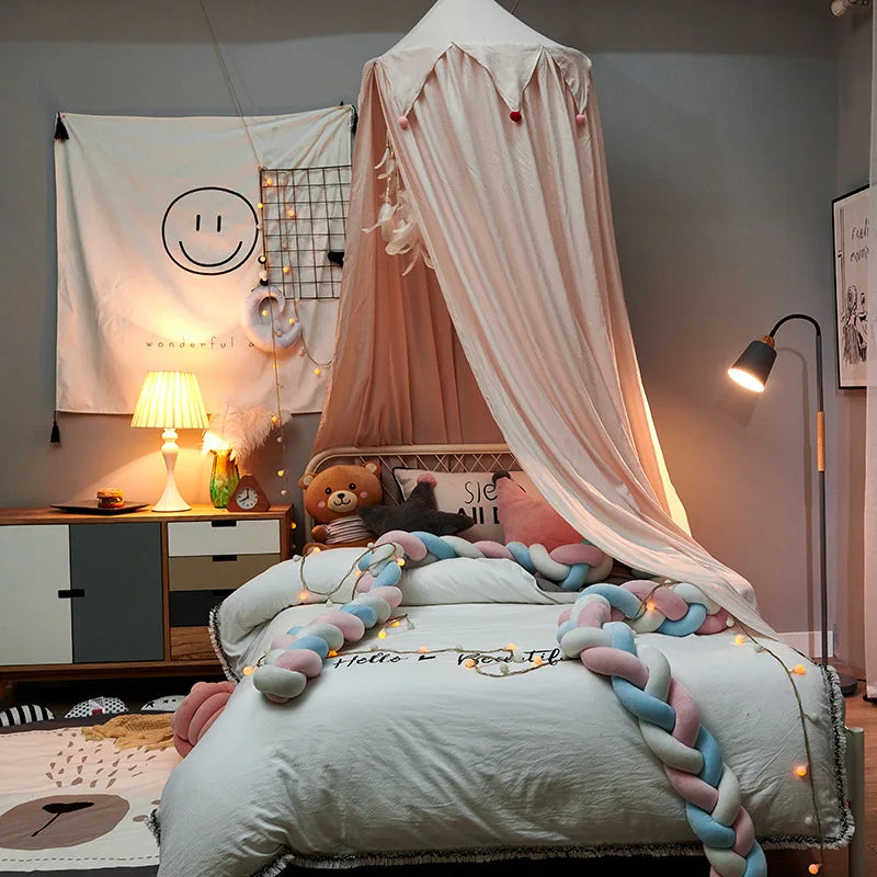 Barnsäng Baldakin med tofsar och volangdetalj - Vit, Rosa och Grå